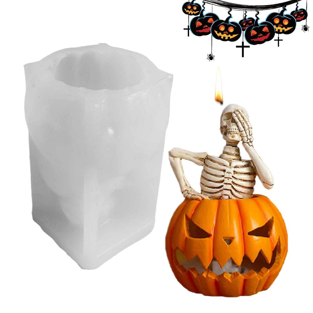 Skeleton Pumpkin Candle Mold 3D Halloween Skull Candle Mold Silicone Soap Maker Handmade Aromatherapy Mould for Biscuits Fondant