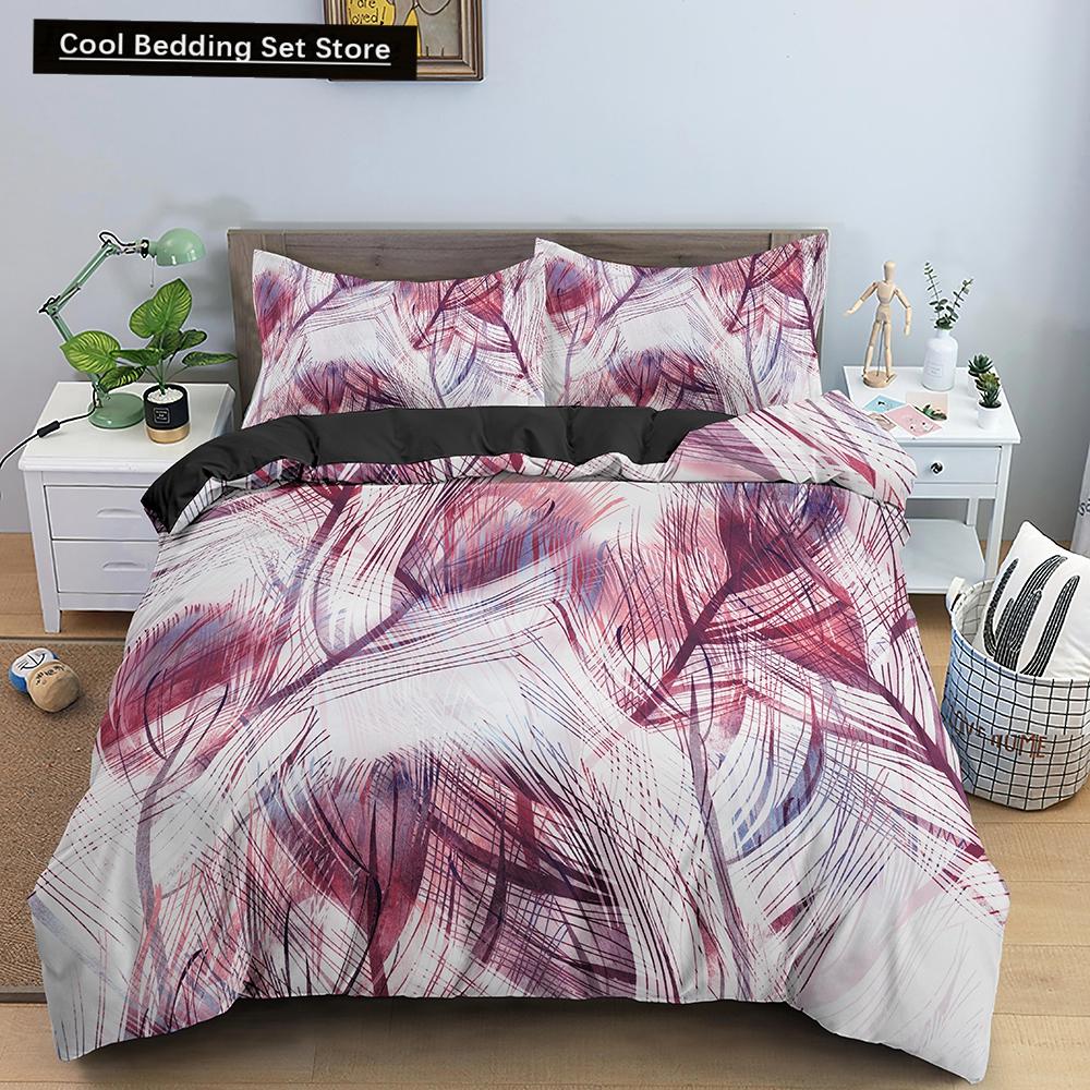 Feathers Duvet Cover Queen/King Size Boho Colorful Bird Feather Bedding Set Tropical Leaves 2/3pcs Polyester Comforter Cover