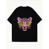 Vintage Oversized T-Shirt with Pink Leopard Head & Leopard-Print Sunglasses Print – Edgy Color-Block Graphic Top