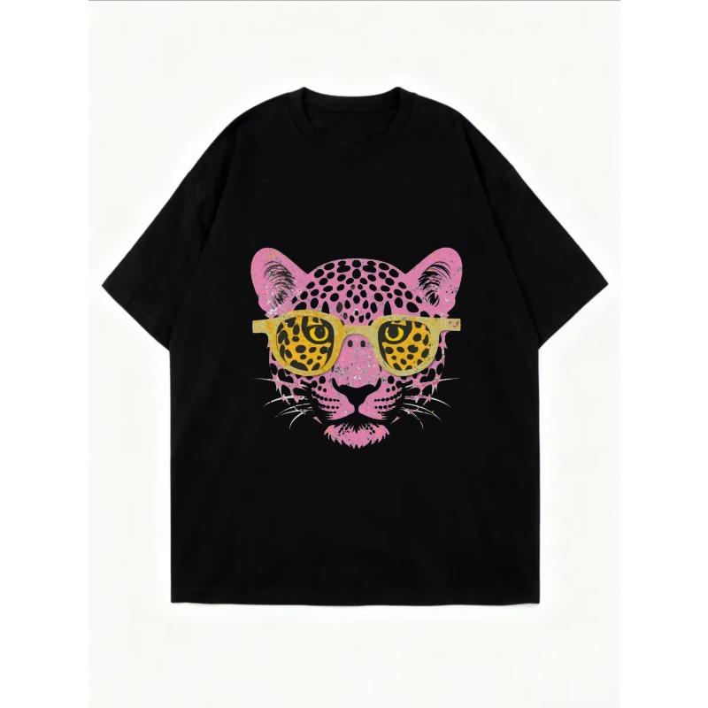 Vintage Oversized T-Shirt with Pink Leopard Head & Leopard-Print Sunglasses Print – Edgy Color-Block Graphic Top