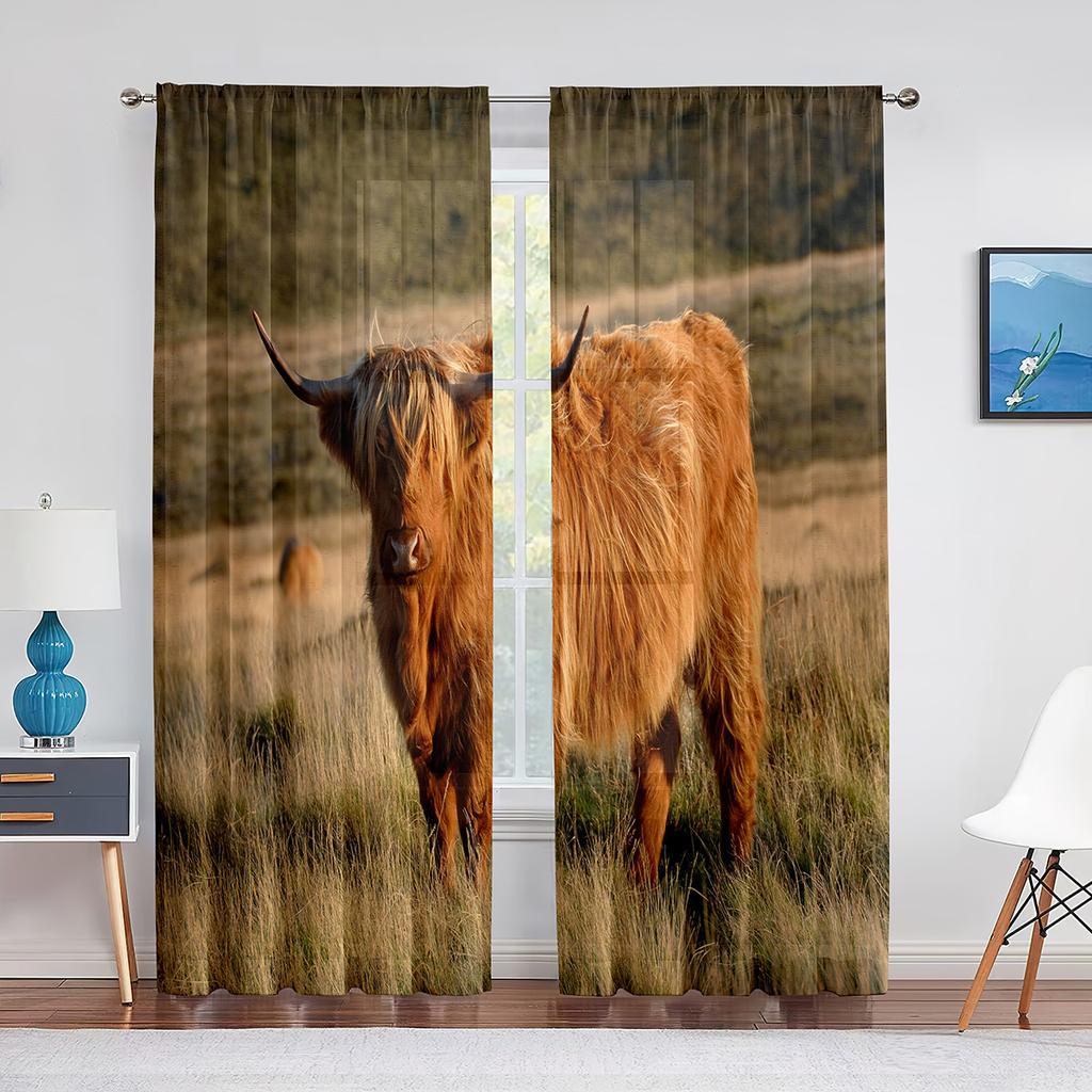 Highland Cow Sheer Voile Curtain Farmhouse Western Cattle Bull Window Tulle Curtains for Living Room Bedroom Kitchen Decoration
