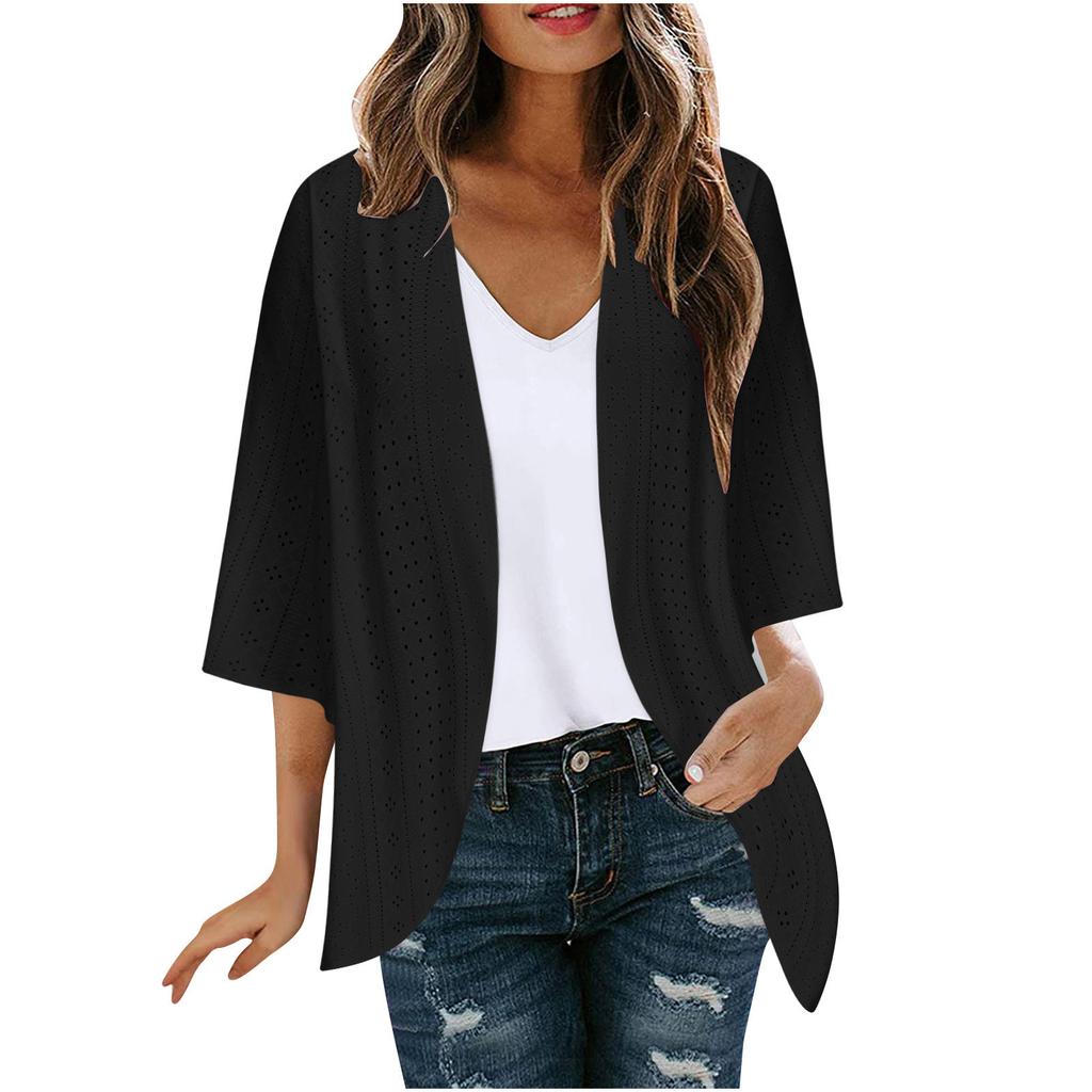 Veste Cardigan Décontractée Mode Femme à Manches Sept Partagées Couleur Unie