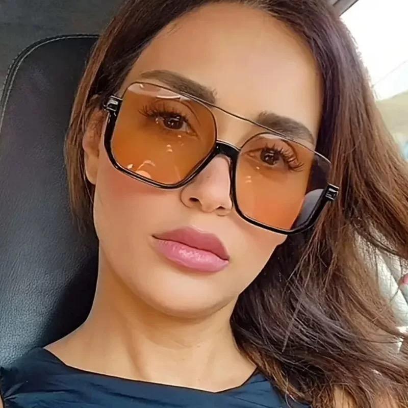 Retro Double Beam Large Frame Metal Sunglasses For Women Men fashion Square Brown Driving Glasses Outdoor Shades UV Resistance