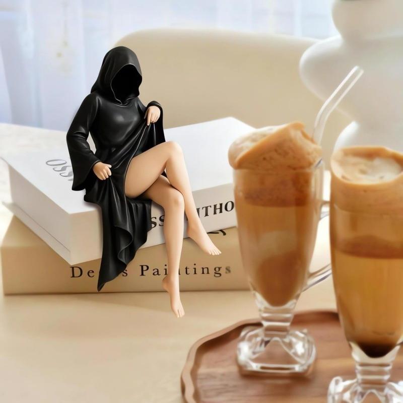 3D Geheimnisvolle Statue Gotische Schwarze Robe Königin Figur Bücherregal Skulptur Gruselige Sitzende Statuen Schreibtisch Ornamente Halloween Geschenke