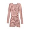 Sexy Deep V-Neck Pleated Slimming Mini Dress for Women - Autumn and Winter Base Layer