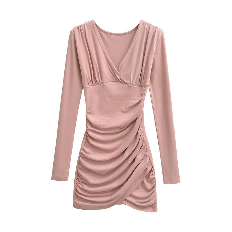 Sexy Deep V-Neck Pleated Slimming Mini Dress for Women - Autumn and Winter Base Layer
