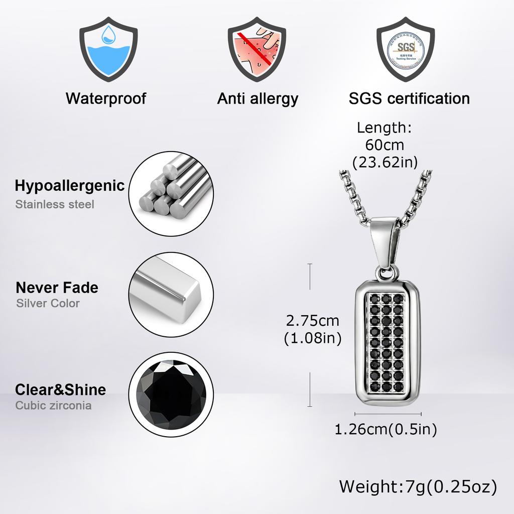 Vnox Stainless Steel Geometric Dog Tag Pendant Necklace for Men, Cubic Zirconia Box Chain Jewelry, Punk Style Hip Hop Necklaces