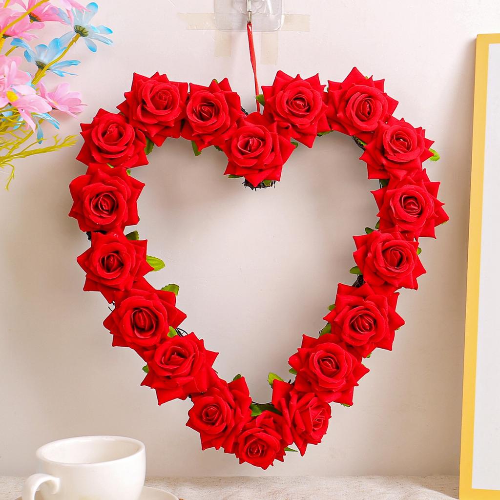Artificial Rose Wreath Heart Shaped Floral Rose Artificial Garland Door Wreath For Home Party Wedding Valentine's Day Decoration, Red Rose