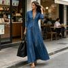 Strandkleid für Damen Knopfleiste Maxi Jeanskleid, Langarm Revers V Einfacher Schicker Ausschnitt Fließend A-Linie Lässig Jean mit Taschen Bequem