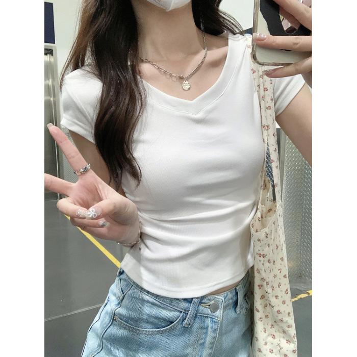 

Special offer g refined cotton × summer short-sleeved V-neck slim-fit T-shirt women s American sweet and spicy short top M