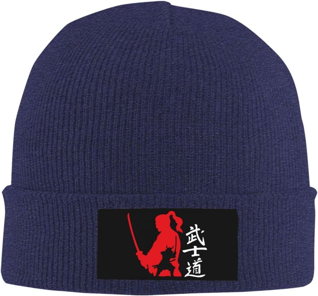 Japanese Kanji Samurai Bushido Peaked Unisexs Winter Beanie Hat Warm Knit Cuffed Ski Skull Cap Black