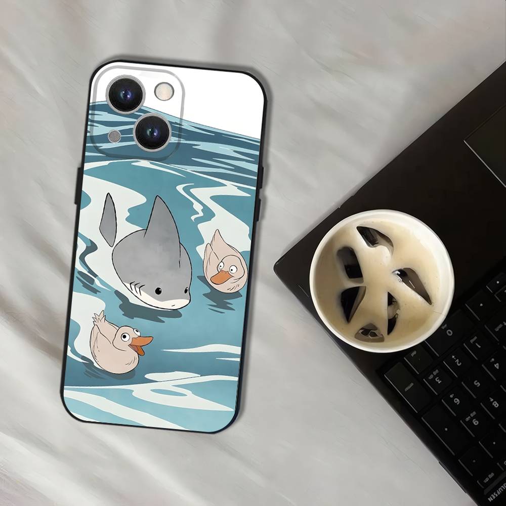 Cute Cartoon Blue Shark Phone Case For iPhone 17,16,15,14,13,12,11,Pro,XS,Max,XR,Plus,E,SE4,Mini Black Soft Cover