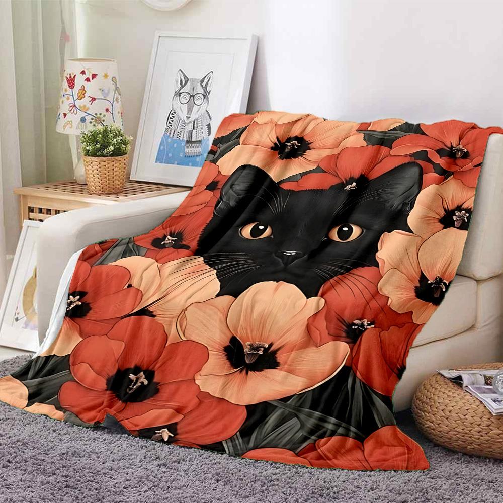 1PC Black Cat Print Blanket, Throw For Sofa, Bed, Travel, Printing Blanket With Soft And Warm Fabric Yy250918206