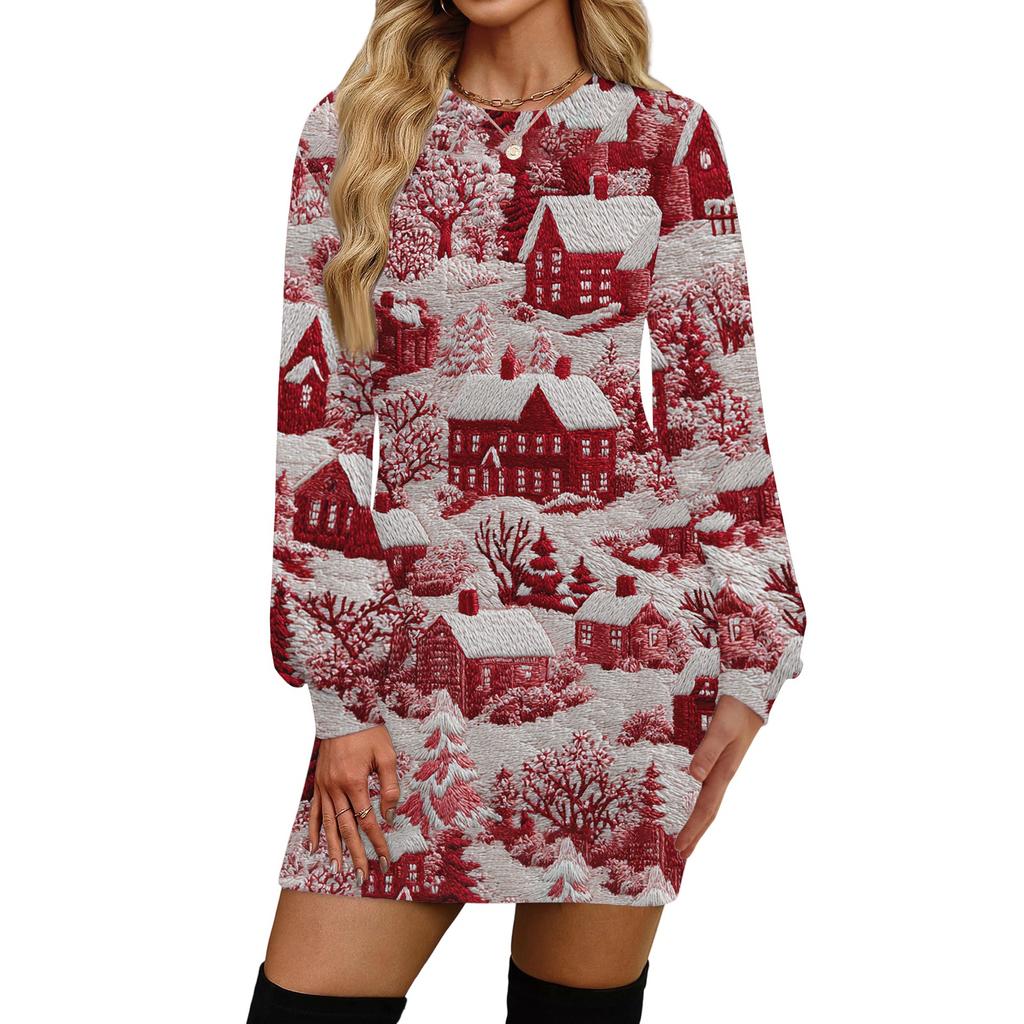 Rochie casual de modă pentru femei, cu imprimeu de Crăciun, cu gât rotund și mâneci lungi