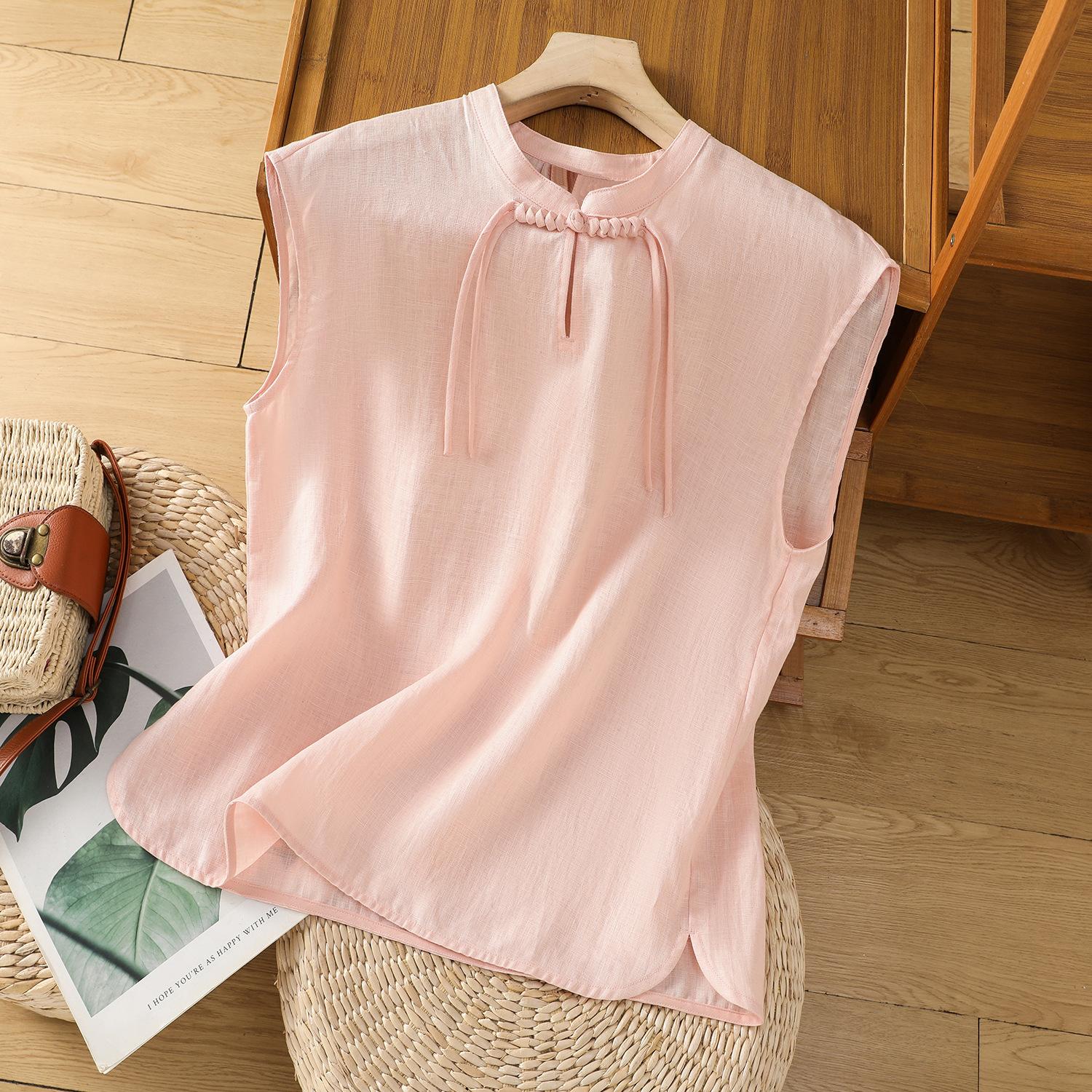 

2025 лето новая хлопково-льняная рубашка свободный топ на пуговицах рубашка без рукавов женская 2XL розовый