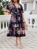 Plus-Size Navy Blue V-Neck Print Summer Dress