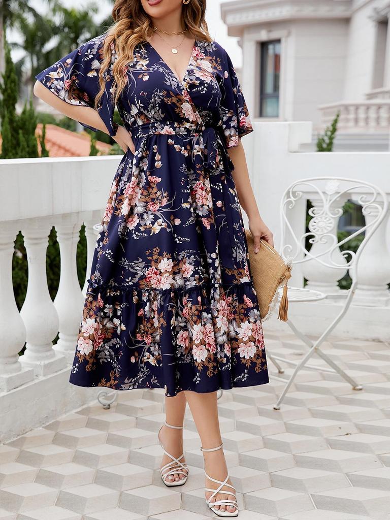 Plus-Size Navy Blue V-Neck Print Summer Dress