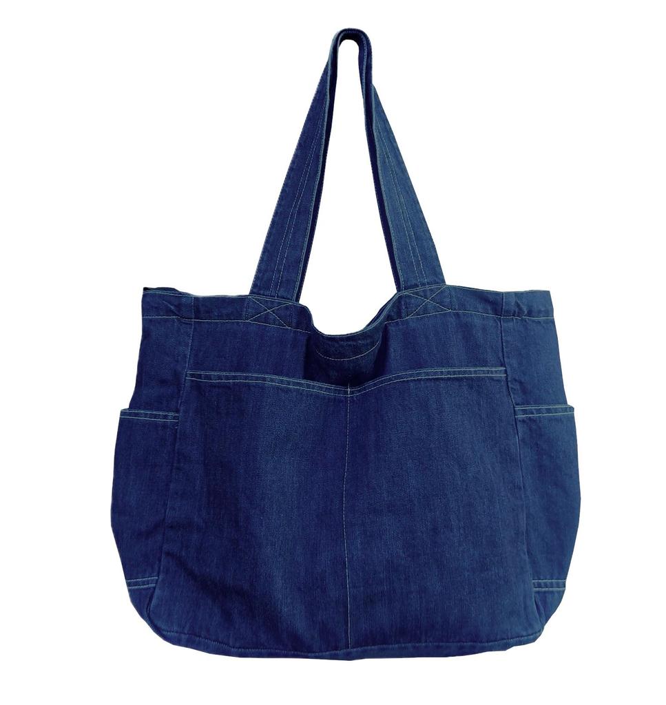 Denim Tote PC Lots of Canvas [Eclairage] Bag, Jeans, Casual, Shopping, Commuting, School, Bag, Unisex, Plain, Pockets, (Indigo Blue)