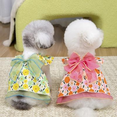 Frühling Sommer Haustierkleid Rüschen Flatterärmel Tüll Schleife Blumendruck Kleiner Hund Kleider Atmungsaktiv Haustier Kostüm Outfit Bekleidung