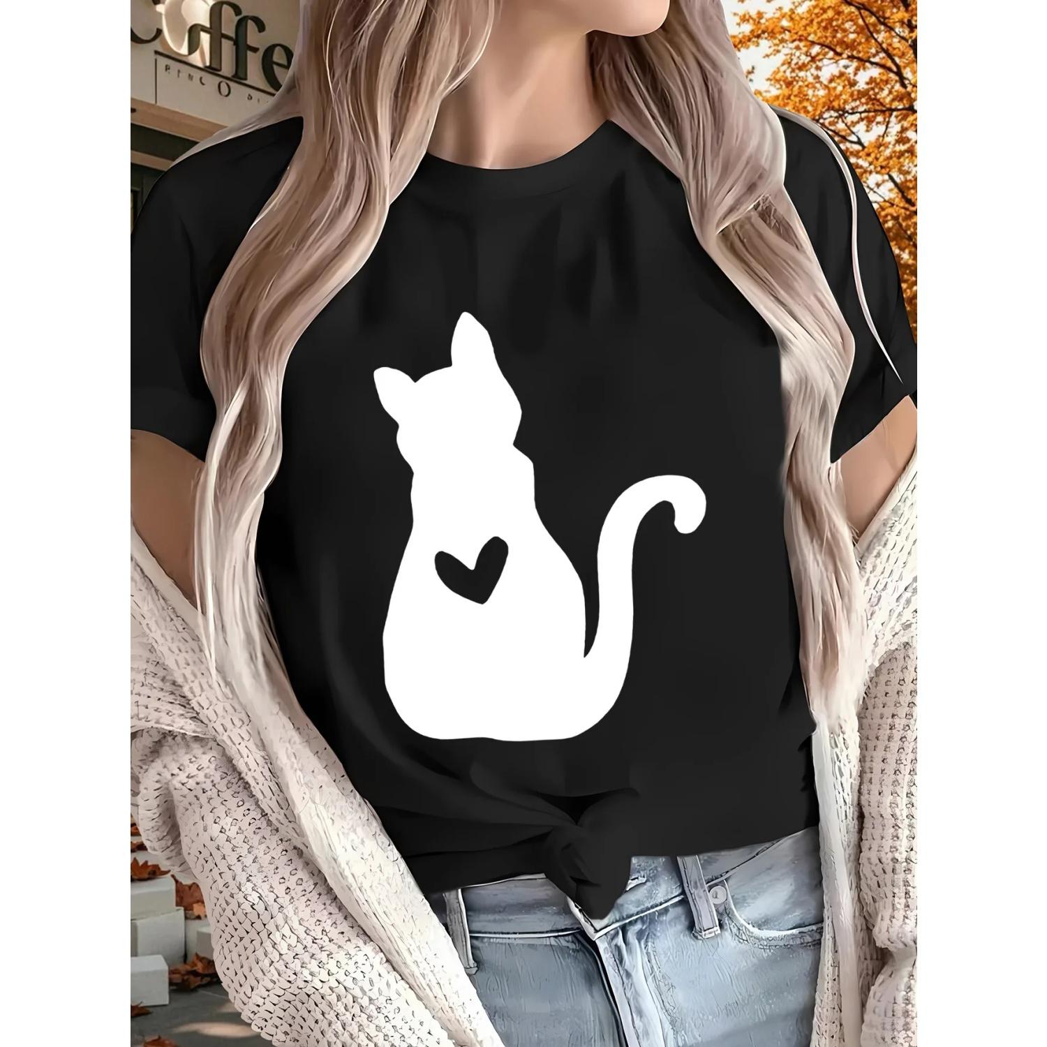 Короткая футболка с принтом «тень кошки и сердце» повседневная и универсальная подходит для ежедневной носки и прогулок летом S чёрный