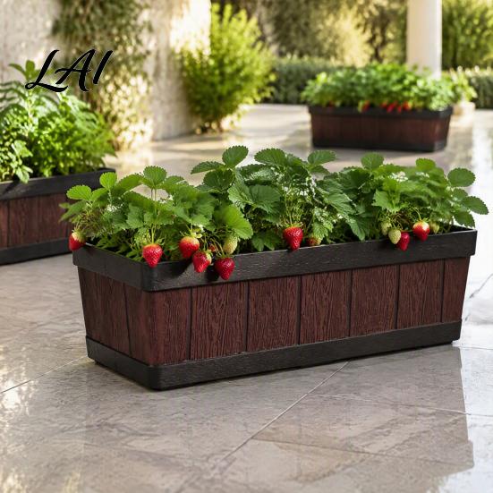 Large Capacity Gardening Pots for Flowers 18 Inch Rectangular Planter Box Imitation Wood Grain Window Box Planter Plastic Vegetables Portable Flower