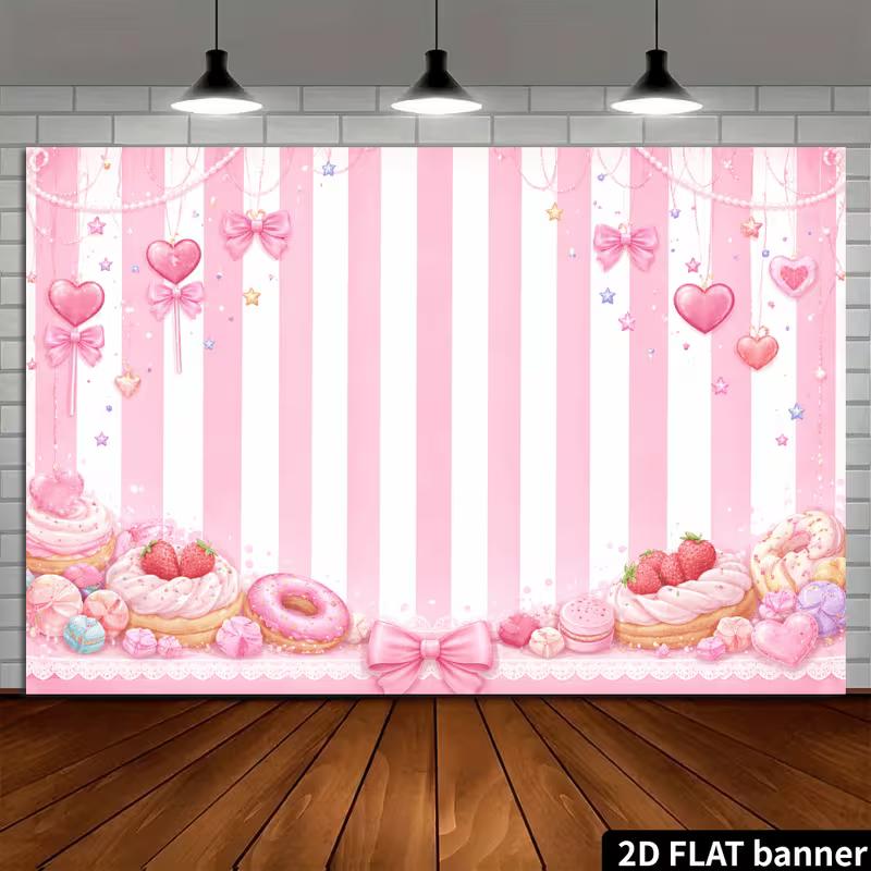 2D Cute Pink Candy Shop Backdrop Sweets Donut Party Photography Background