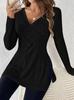 Cross-border Large-size Women's Clothing, European, American Amazon Autumn and Winter New Long-sleeved Solid Color V-neck Casual Home Pit Strip Top