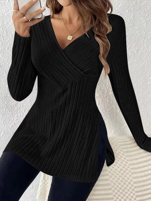 Cross-border Large-size Women's Clothing, European, American Amazon Autumn and Winter New Long-sleeved Solid Color V-neck Casual Home Pit Strip Top