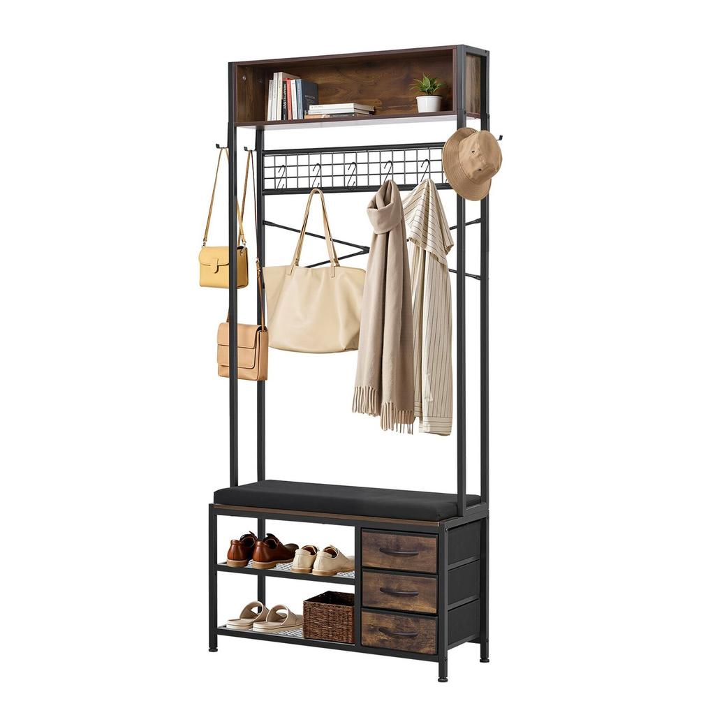 Hall Tree, 1800 mm Coat Rack with Shoe Bench & 3 Drawers, 3-in-1 Freestanding Shoe Rack Storage Organizer with Bookshelf & Wire Shelf, Steel Frame