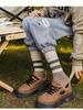 Girls Can Wear Mid Length Women's Socks In All Seasons, with Maillard Colored Ribbed Double Bar Striped Socks for Warmth, Simplicity, and Fashion