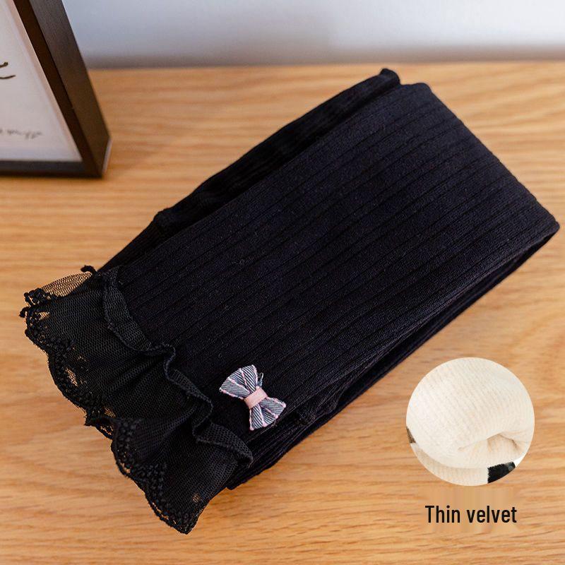 Winter Stripe Lace Fleece-Lined Thick Leggings for Baby Girls - Fashionable, Warm Autumn Style