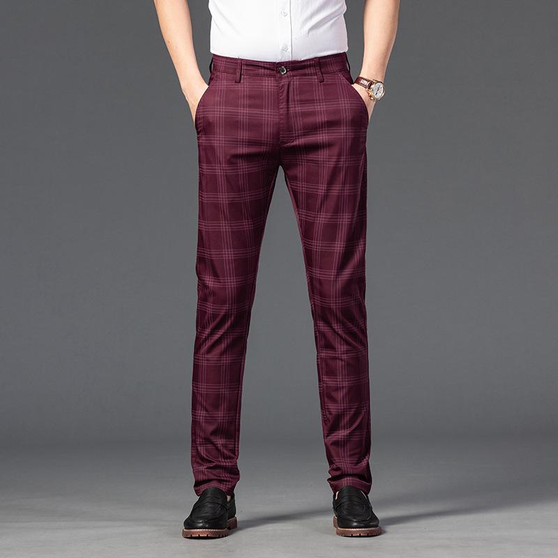 Spring/Summer Pants Men'S Casual Pants Men'S Checkered Elastic Slim Fit Versatile Business Straight Leg Pants