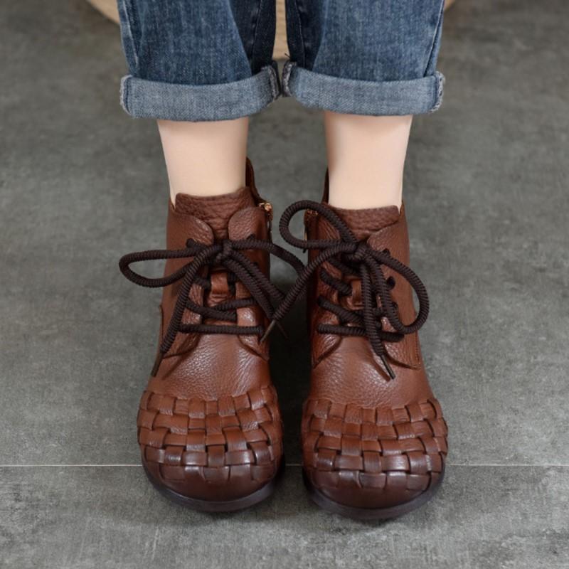 Johnature Stivali da donna in vera pelle intrecciata a mano retrò Stivali corti in vera pelle con lacci e punta tonda