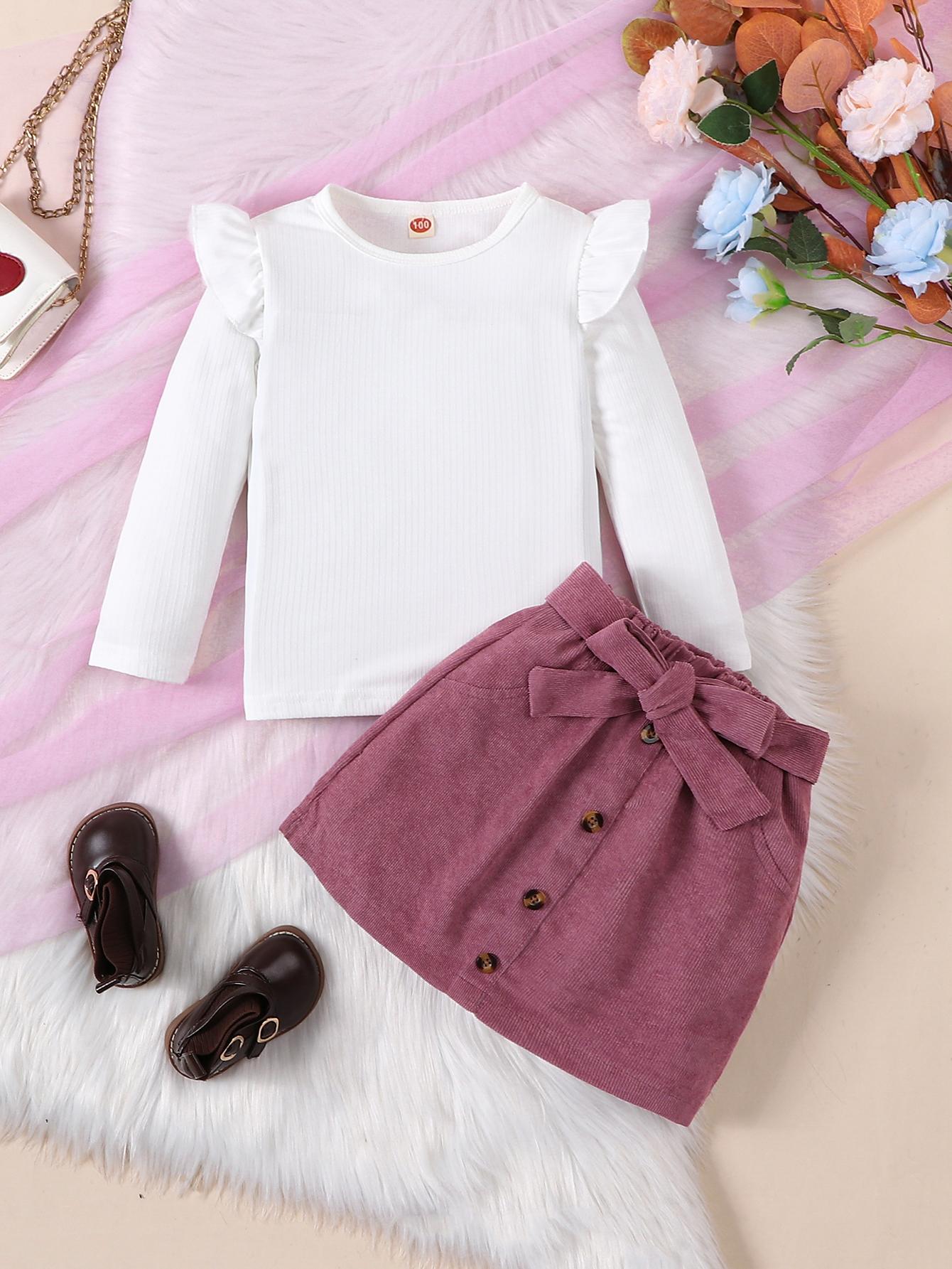 

White Ribbed Round Neck Long Sleeve Top + Girls Fashion Yellow Brown Half Skirt Set 140 білий