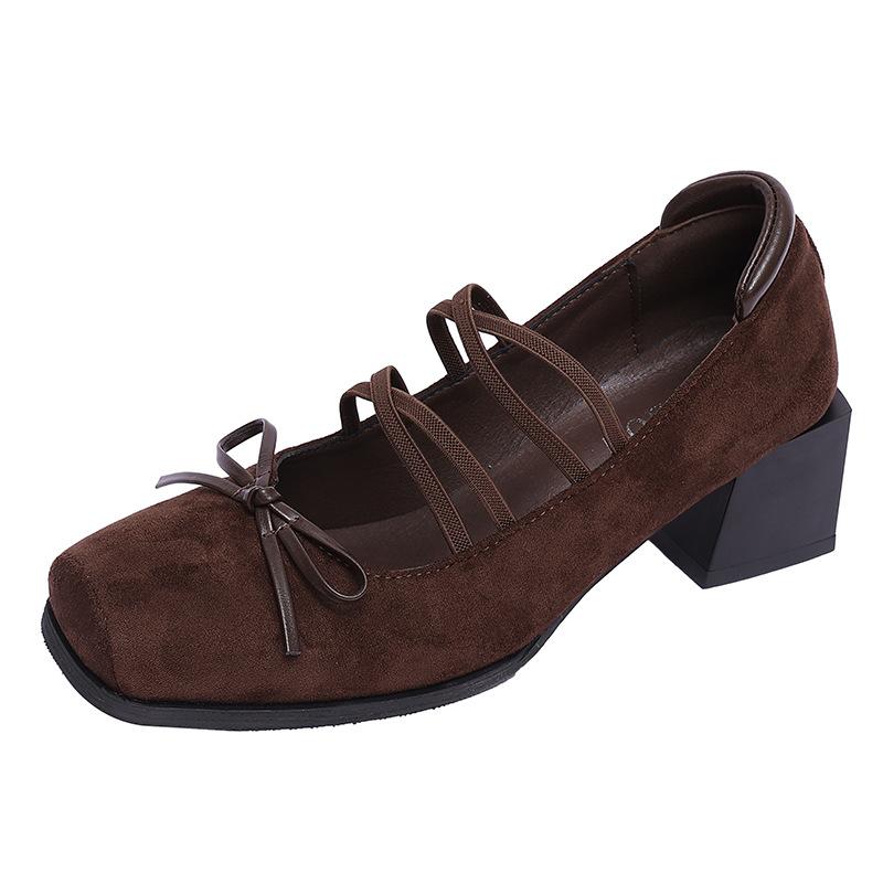 French Cross-strap Mary Jane Shoes Female Gentle Lady Thick Heel Square Head Light Mouth Bow Small Leather Shoes Retro Single Shoes
