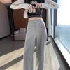 Petite Gray Wide Leg High Waist Pants for Women - Spring/Autumn