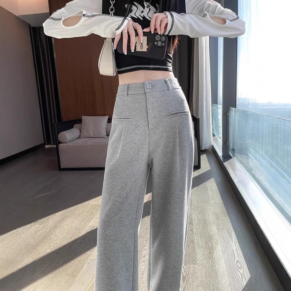 Petite Gray Wide Leg High Waist Pants for Women - Spring/Autumn