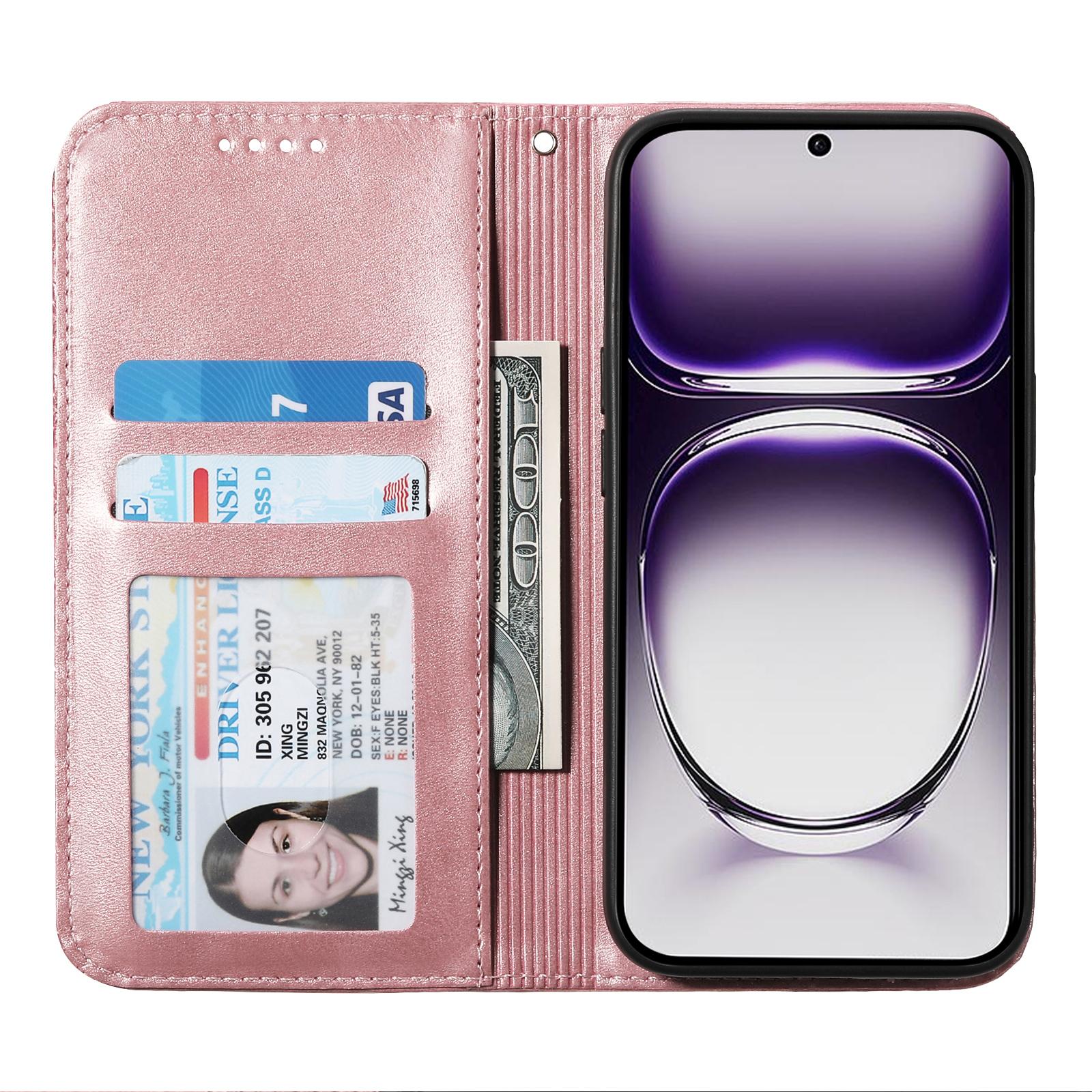 

For Oppo Reno12 5G (Global) Case PU Leather Wallet Phone Cover Calf Texture Rose Gold