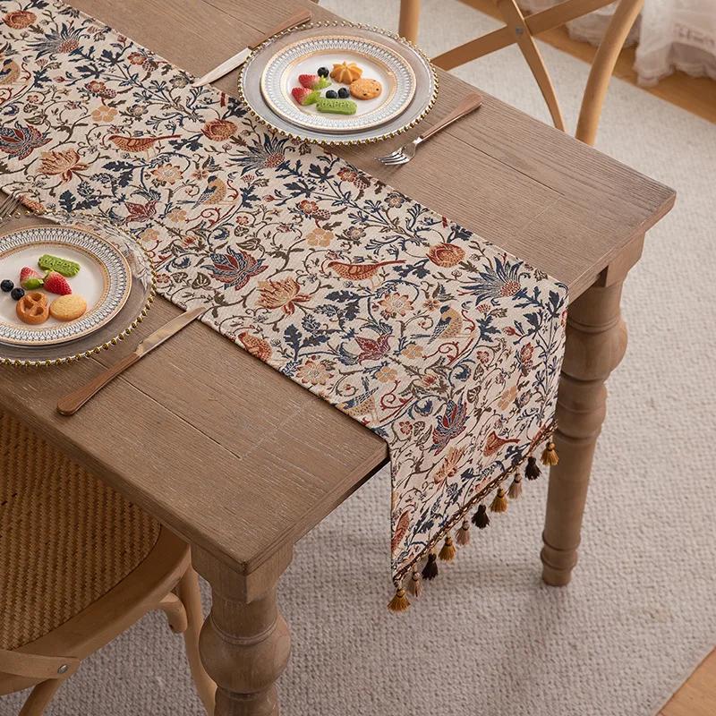 Floral Table Runner Spring Vintage Rose with Leaves Tassels Farmhouse Table Runners Decor for Dining Kitchen Table Wedding