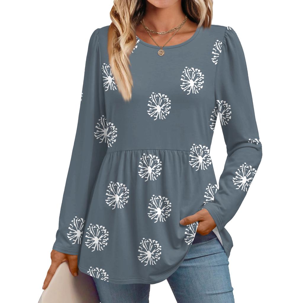 Women's Casual Fashion Long Sleeve Shirt Floral Printed Tunic Top