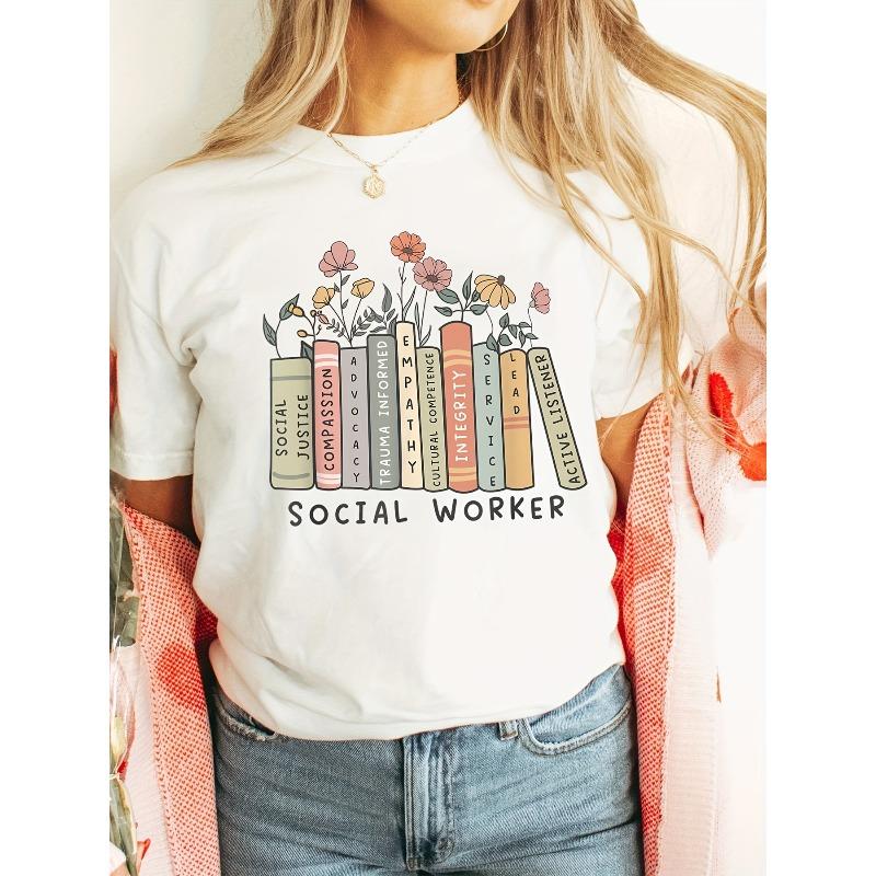 

Bookshelf Flower Fashion Cotton Letter Print T-shirt, Short Sleeve Crew Neck Casual Top for Summer & Spring, Women s Clothing S белый