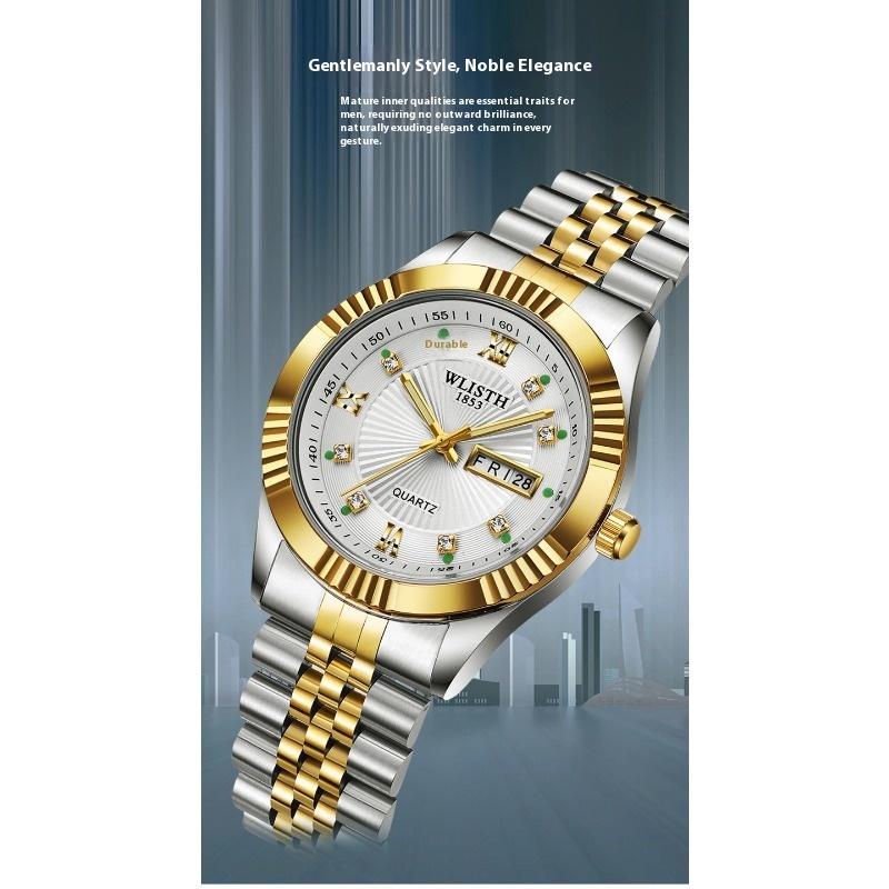 Top Brand Fashion Temperament Men's Watch Luminous Double Calendar Solid Steel Band Quartz Watch Couples Watch