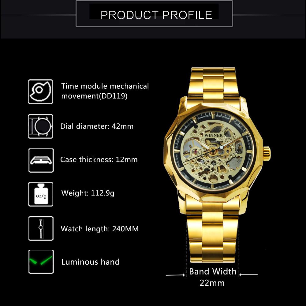 WINNER Luxury Gold Skeleton Automatic Watch for Men Luminous Pointers Royal Irregular Mechanical Watches Stainless Steel Strap