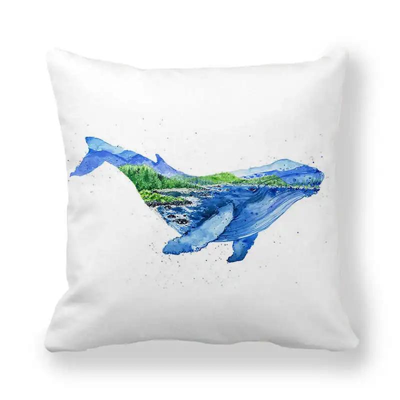 Watercolor Whale Polyester Throw Pillow Cover Sofa Bedside Cushion Pillowcase Ocean Blue Sea Fish Decorative Pillowcases 45X45Cm