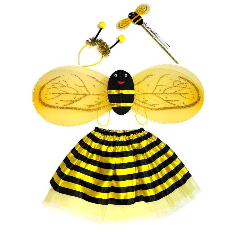 3/4Pcs Little Bee Children Performance Costume Yellow Red Dance Skirt Set Birthday Party Bee Elf Headwear Wings Wand Outfit
