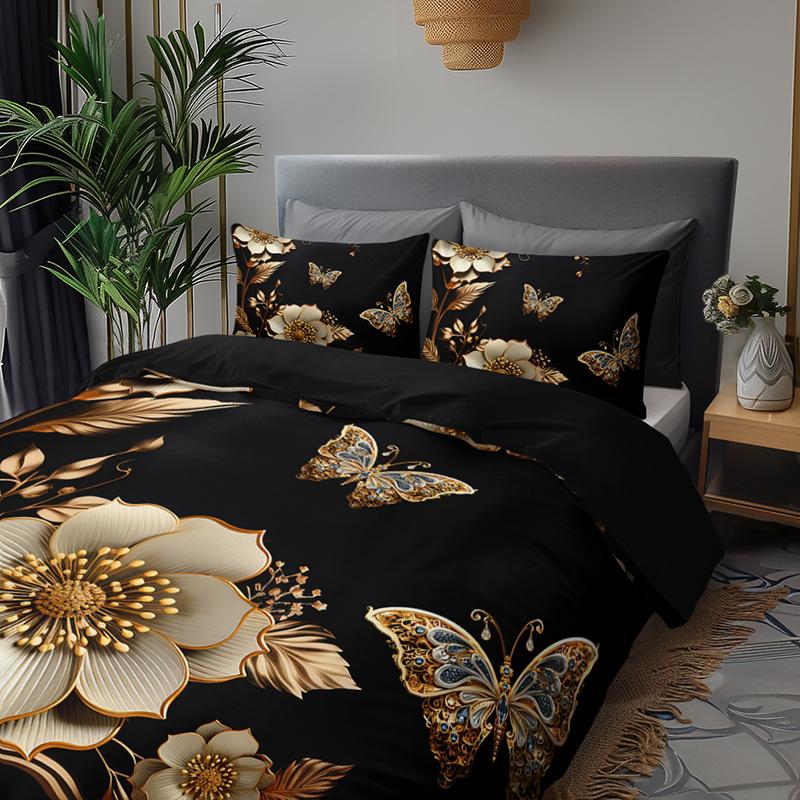 3pcs Luxury Golden Butterfly Floral Bedding Duvet Cover Set Black Golden Bedding Quilt Set Elegant Butterfly Themed Bed