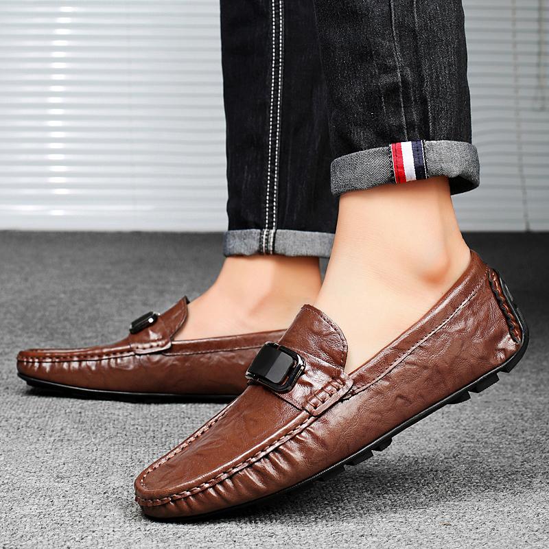 Fashionable Low Cut Men'S Bean Shoes Comfortable Slip-On Flat Driving Leather Shoes High-Quality Handmade Leather Casual Loafers