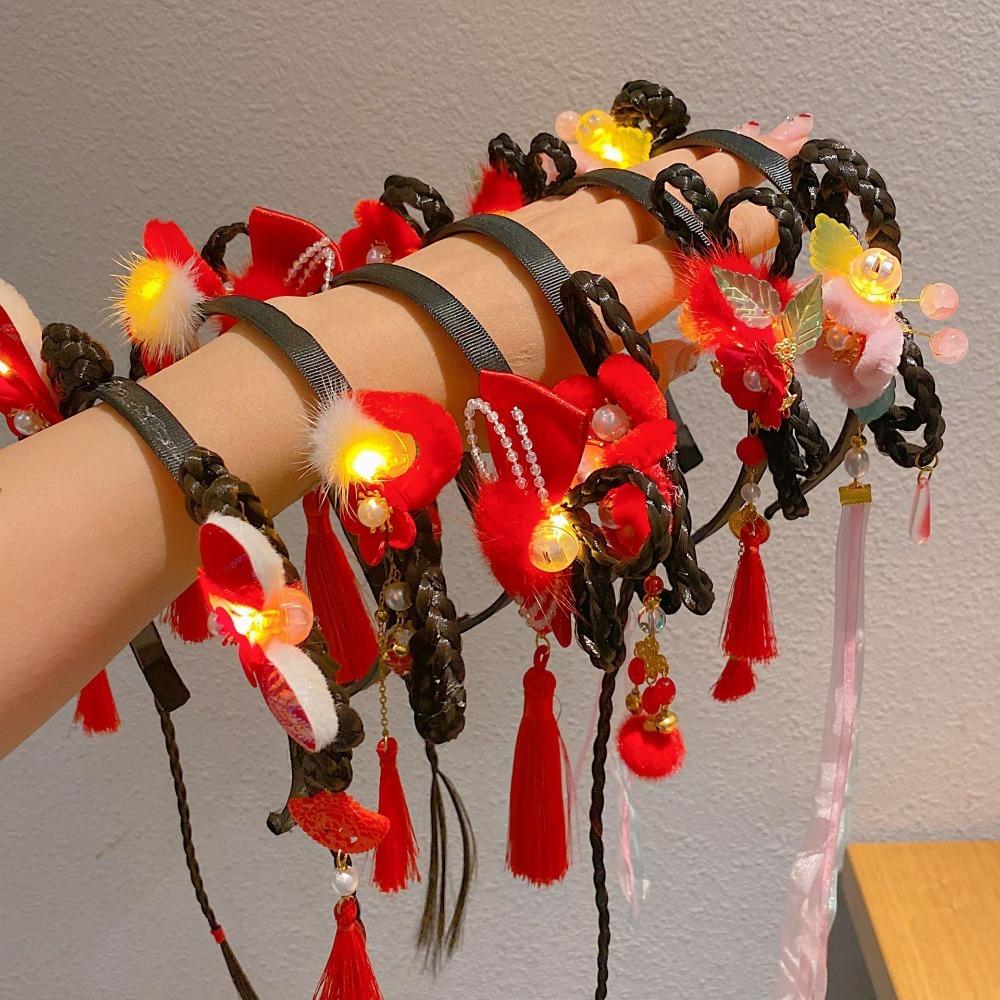 Red Flower Tassel Hairband Pigtail Wig Chinese Style Hair Hoop Fashion Hanfu Wig Headband  Children