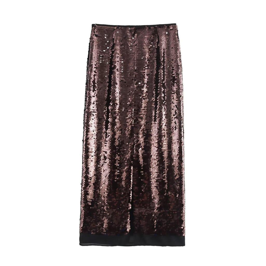 Women's Autumn High-Waist Sequined Midi Skirt
