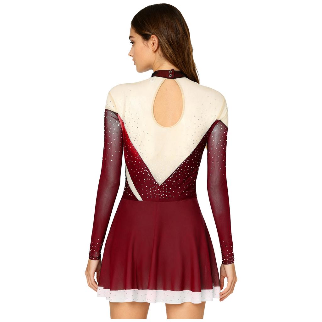 Dame Kunstløpskjole Skinnende Rhinestones Gradient Farge Mock Neck Mesh Langermet Dansetøy